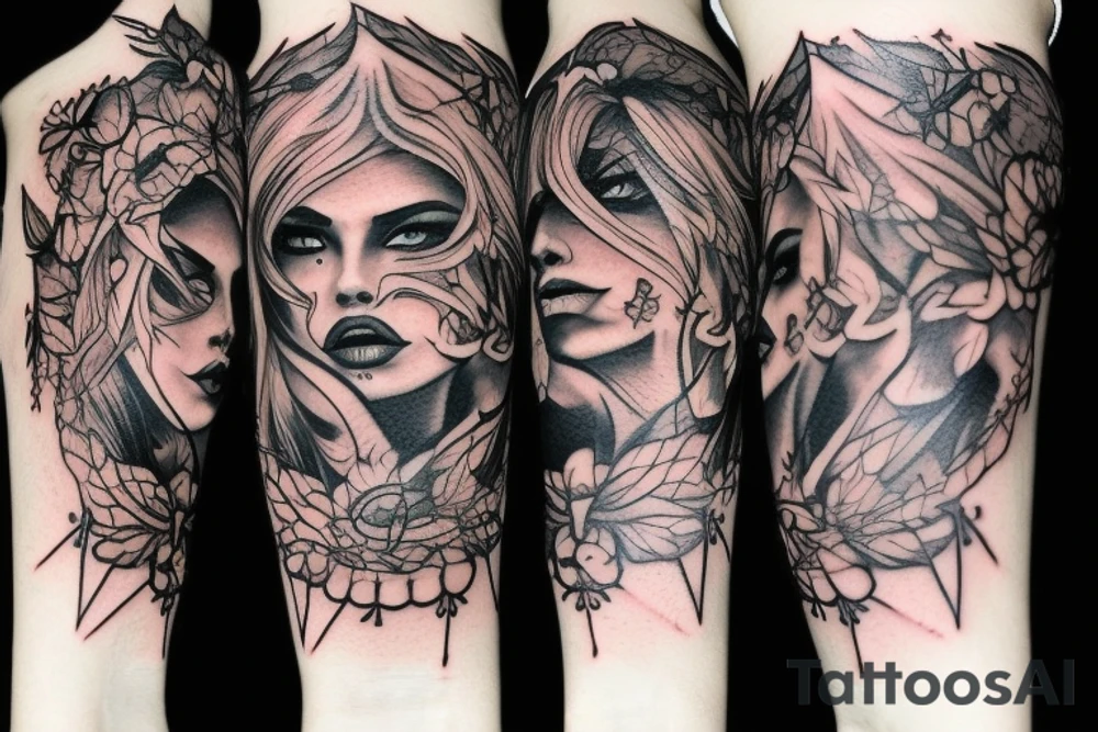 Demonic Badass Woman Babe Thorns Smokey Intricate Detailed Pretty Runes Beautiful tattoo idea