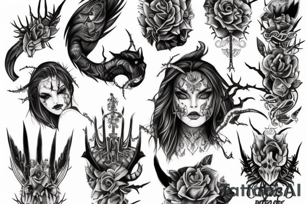 Demonic Badass Woman Babe Thorns Smokey Intricate Detailed Pretty Runes Beautiful tattoo idea