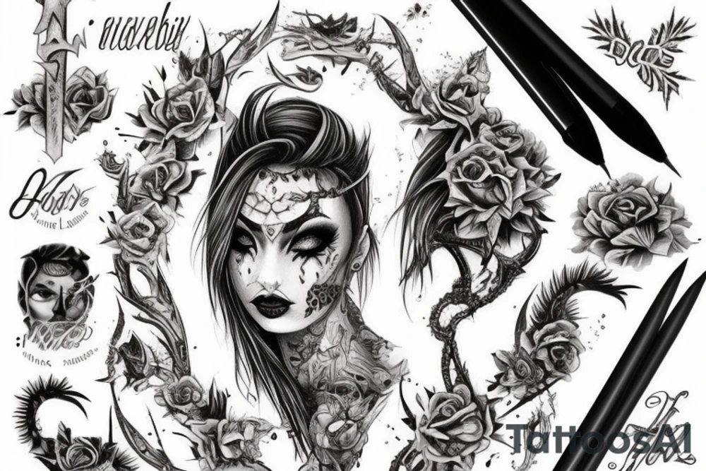 Demonic Badass Woman Babe Thorns Smokey Intricate Detailed Pretty Runes Beautiful tattoo idea