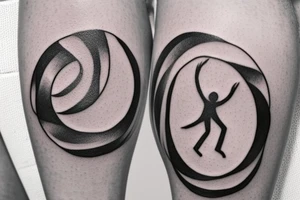 It should be the outlining of a person jumping rope. The hip should be encircled by a circle. The circle should send lines in all directions and give the tattoo a rectangle shape with the ratio 1:2. tattoo idea