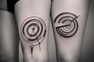 It should be the outlining of a person jumping rope. The hip should be encircled by a circle. The circle should send lines in all directions and give the tattoo a rectangle shape with the ratio 1:2. tattoo idea