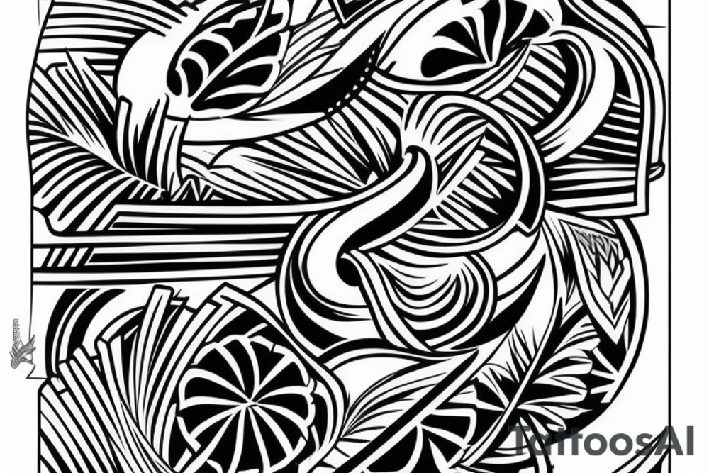Rectangle shaped tattoo (ratio 1:2)
Hawaii themed
The frame of the tattoo should be made up by the lines of the tattoo itself. tattoo idea