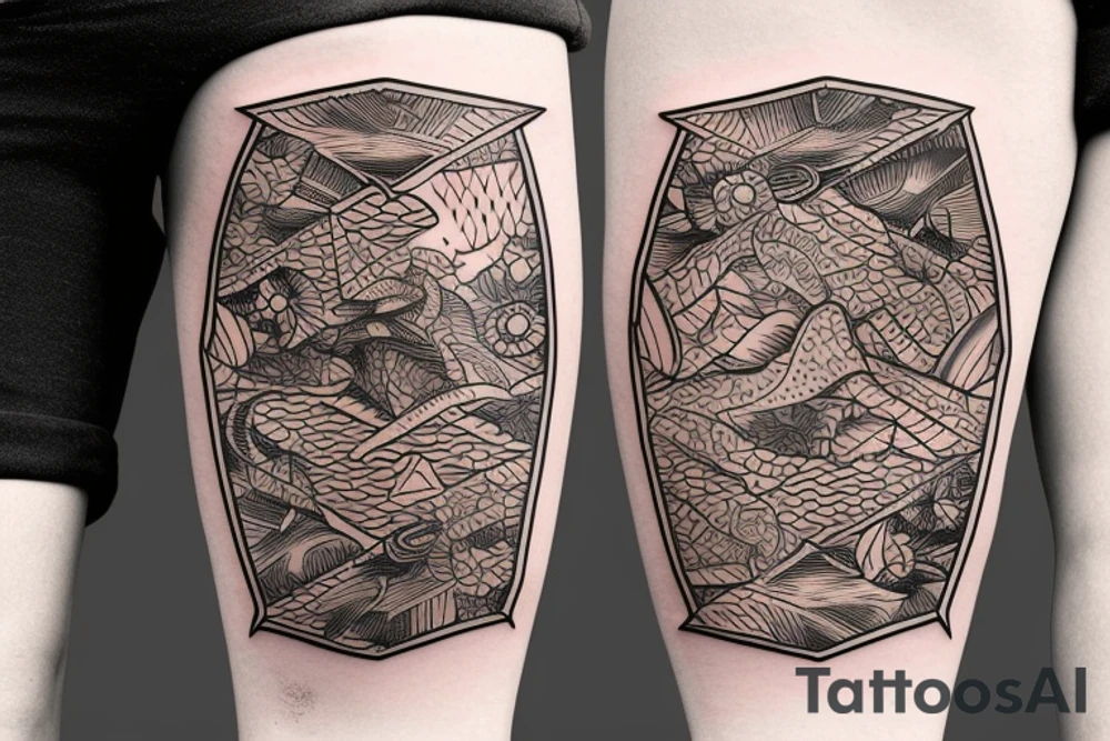 Rectangle shaped tattoo (ratio 1:2)
Hawaii themed
The frame of the tattoo should be made up by the lines of the tattoo itself. tattoo idea