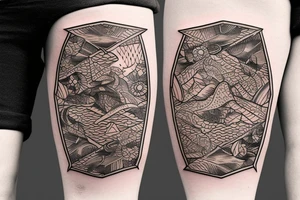 Rectangle shaped tattoo (ratio 1:2)
Hawaii themed
The frame of the tattoo should be made up by the lines of the tattoo itself. tattoo idea