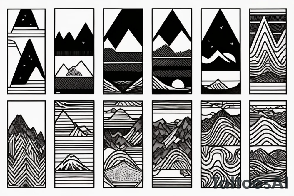 Rectangle shaped fine line tattoo (ratio 1:2)
Hawaii themed (mountains with ridges and ocean) tattoo idea
