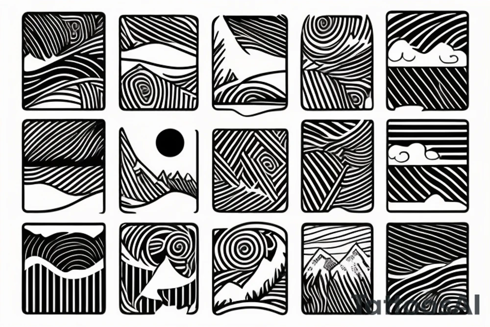 Rectangle shaped fine line tattoo (ratio 1:2) of a person
Hawaii themed (mountains with ridges and ocean) tattoo idea