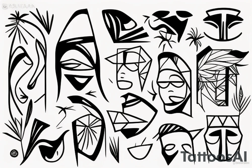 Rectangle shaped fine line tattoo (ratio 1:2)
Hawaii themed
Thin lines outlining an abstract face tattoo idea