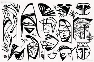 Rectangle shaped fine line tattoo (ratio 1:2) 
Hawaii themed
Thin lines outlining an abstract face tattoo idea