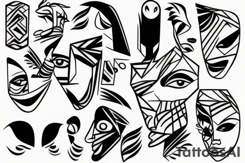 Rectangle shaped fine line tattoo (ratio 1:2)
Hawaii themed
Thin lines outlining an abstract face tattoo idea