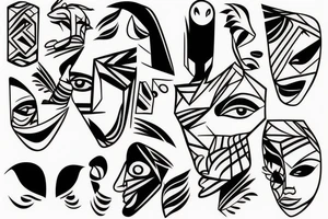 Rectangle shaped fine line tattoo (ratio 1:2) 
Hawaii themed
Thin lines outlining an abstract face tattoo idea