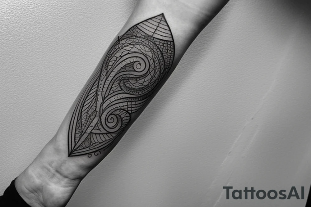 Rectangle shaped fine line tattoo (ratio 1:2) on forearm
Thin lines without a frame
Ocean themed tattoo idea