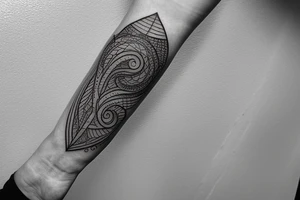 Rectangle shaped fine line tattoo (ratio 1:2) on forearm
Thin lines without a frame
Ocean themed tattoo idea