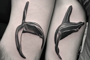 Create a rectangle shaped fine line tattoo (ratio 1:2) on the forearm. It should be made of very fine lines.
It should include a humpback whale. tattoo idea