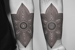 Create a rectangle shaped fine line tattoo (ratio 1:2) on the forearm. It should be made of very fine lines. tattoo idea