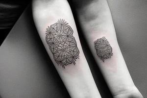 Create a rectangle shaped fine line tattoo (ratio 1:2) on the forearm. It should be made of very fine lines. tattoo idea