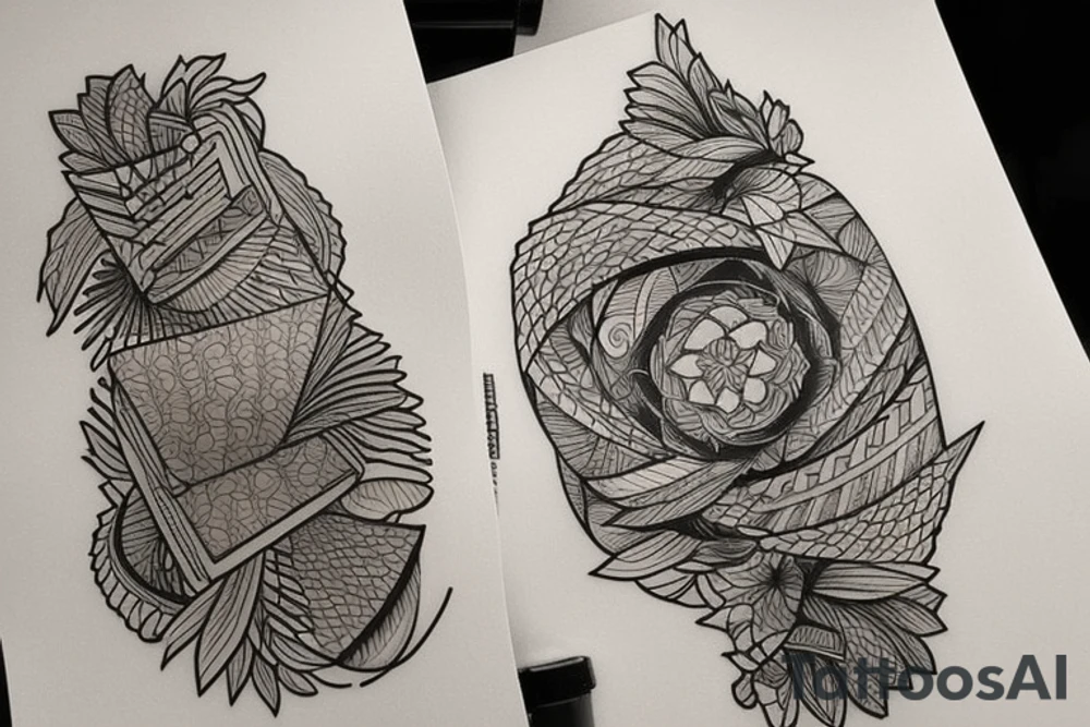 Create a rectangle shaped fine line tattoo (ratio 1:2) on the forearm. It should be made of very fine lines.
Hawaii themed tattoo idea