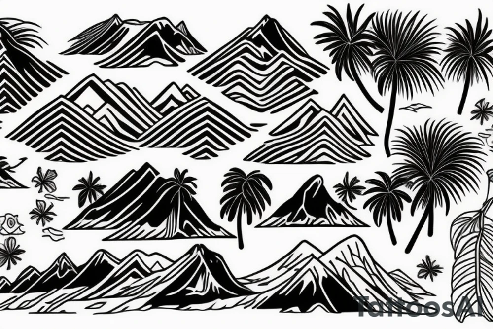 Hawaiian mountains and ocean
Rectangle shaped, ratio 1:2
Fine line tattoo idea
