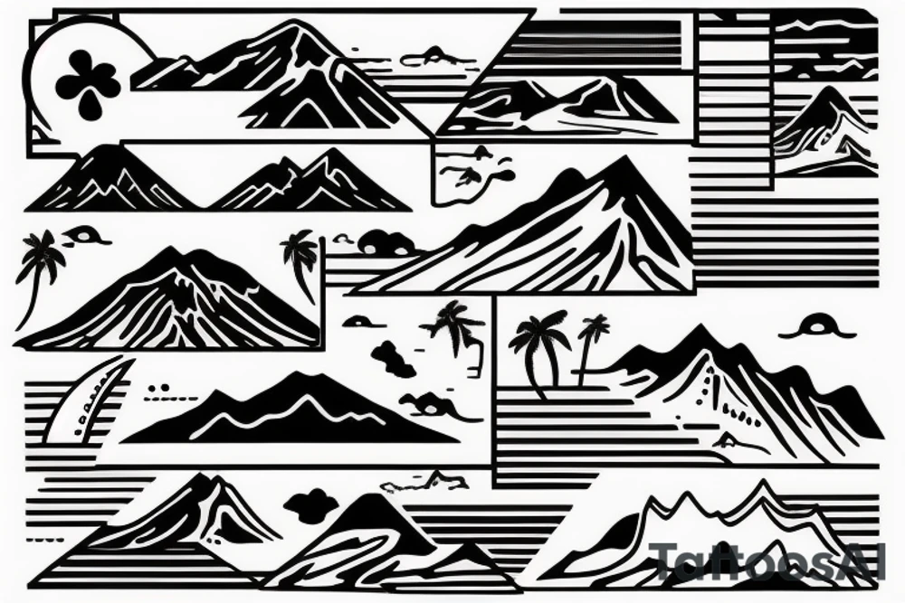 Hawaiian mountains and ocean
Rectangle shaped, ratio 1:2
Straight lines tattoo idea