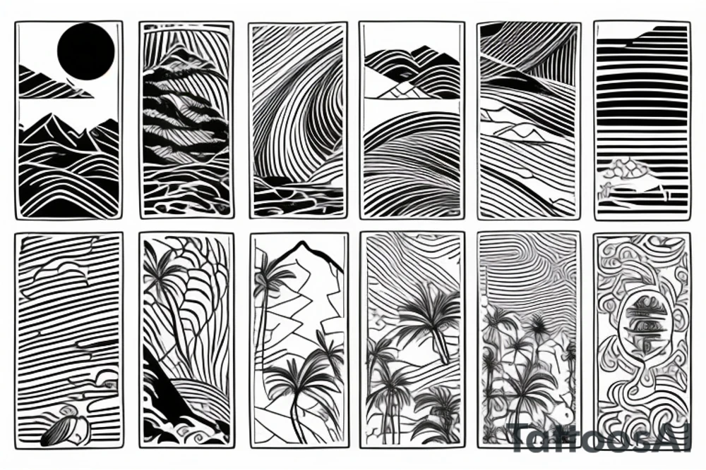 Hawaiian mountains and ocean
Rectangle shaped, ratio 1:2
Straight lines tattoo idea