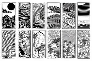 Hawaiian mountains and ocean
Rectangle shaped, ratio 1:2
Straight lines tattoo idea
