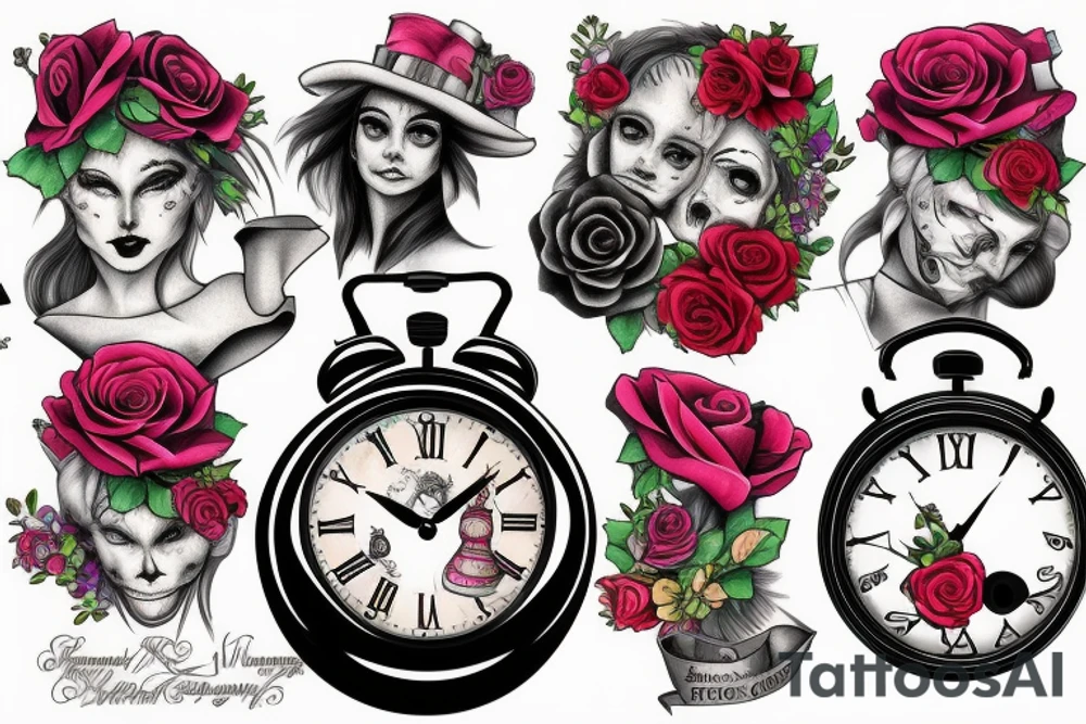 Clocks, Alice, mad hatter, roses tattoo idea