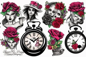 Clocks, Alice, mad hatter, roses tattoo idea