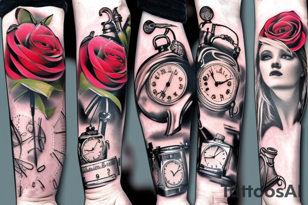 Clocks, Alice, mad hatter, roses tattoo idea