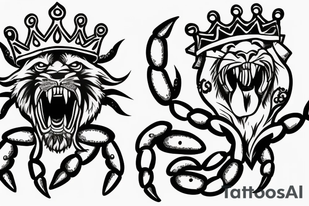 A roaring lion with a crown with a crab chain tattoo idea