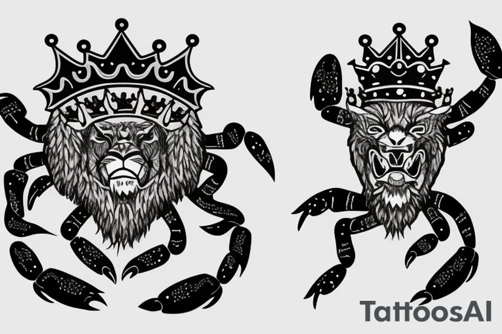 A roaring lion with a crown with a crab chain tattoo idea