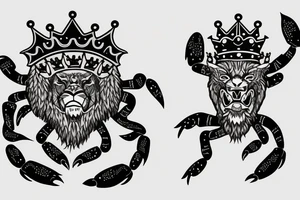A roaring lion with a crown with a crab chain tattoo idea