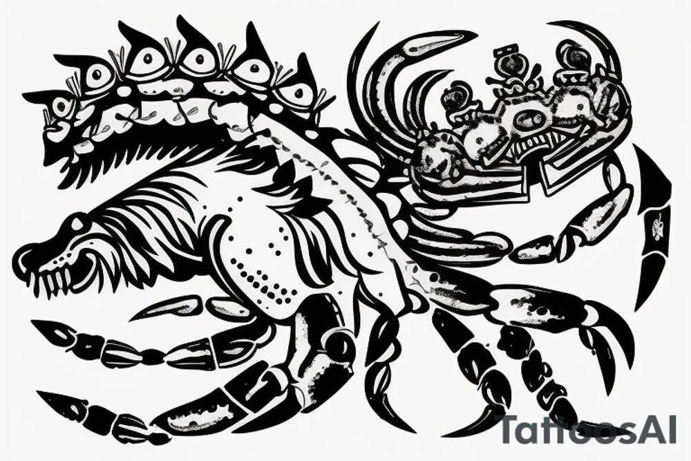 A roaring lion with a crown with a crab chain tattoo idea