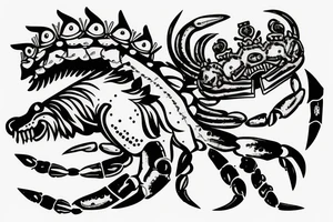 A roaring lion with a crown with a crab chain tattoo idea