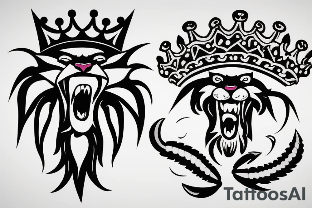 A roaring lion with a crown with crab legs tattoo idea