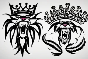 A roaring lion with a crown with crab legs tattoo idea