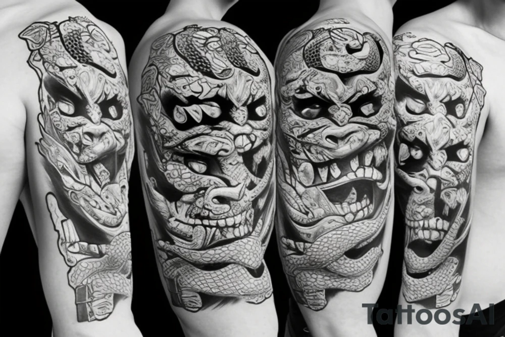 AN ONI MASK, pierced by a katana, SPLIT diagonally, where flowers and a snake emerge tattoo idea