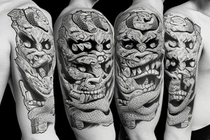 AN ONI MASK, pierced by a katana, SPLIT diagonally, where flowers and a snake emerge tattoo idea