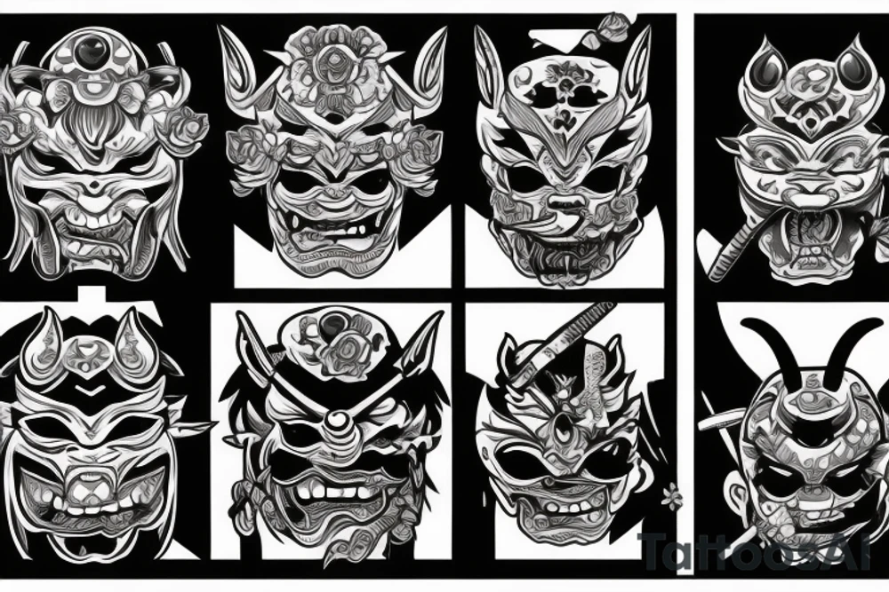 AN ONI MASK, pierced by a katana, SPLIT diagonally, where flowers and a snake emerge tattoo idea