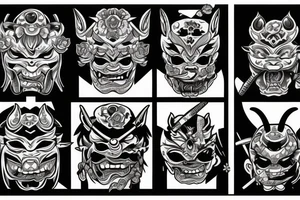 AN ONI MASK, pierced by a katana, SPLIT diagonally, where flowers and a snake emerge tattoo idea