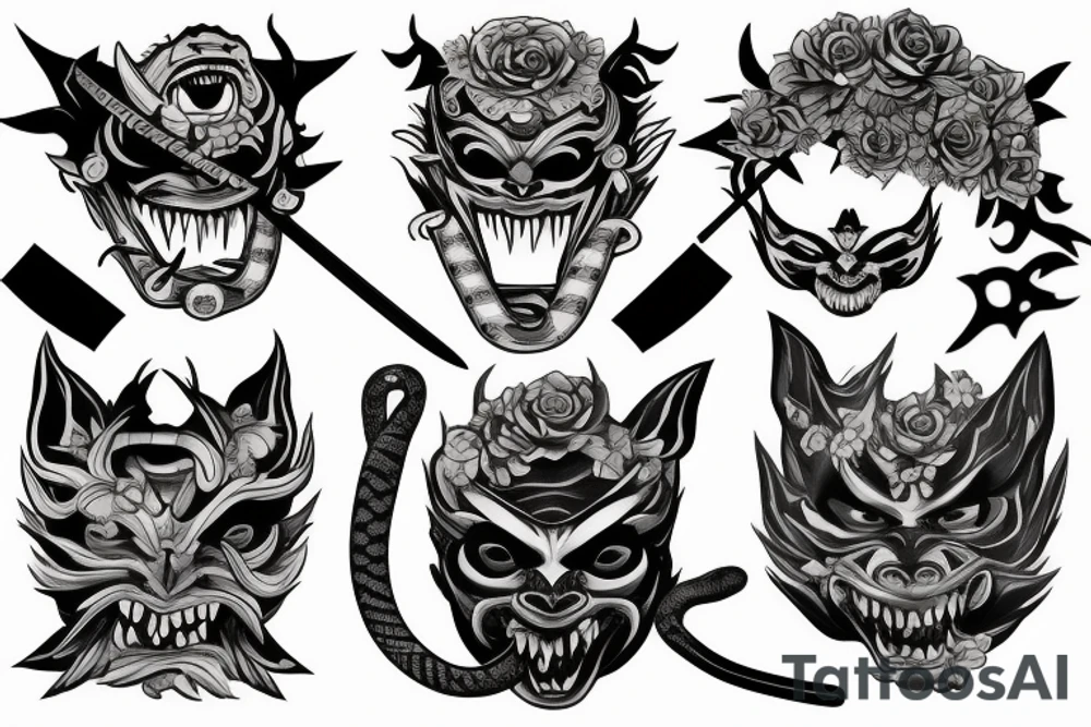 AN ONI MASK, pierced by a katana, SPLIT diagonally, where flowers and a snake emerge tattoo idea