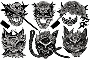 AN ONI MASK, pierced by a katana, SPLIT diagonally, where flowers and a snake emerge tattoo idea