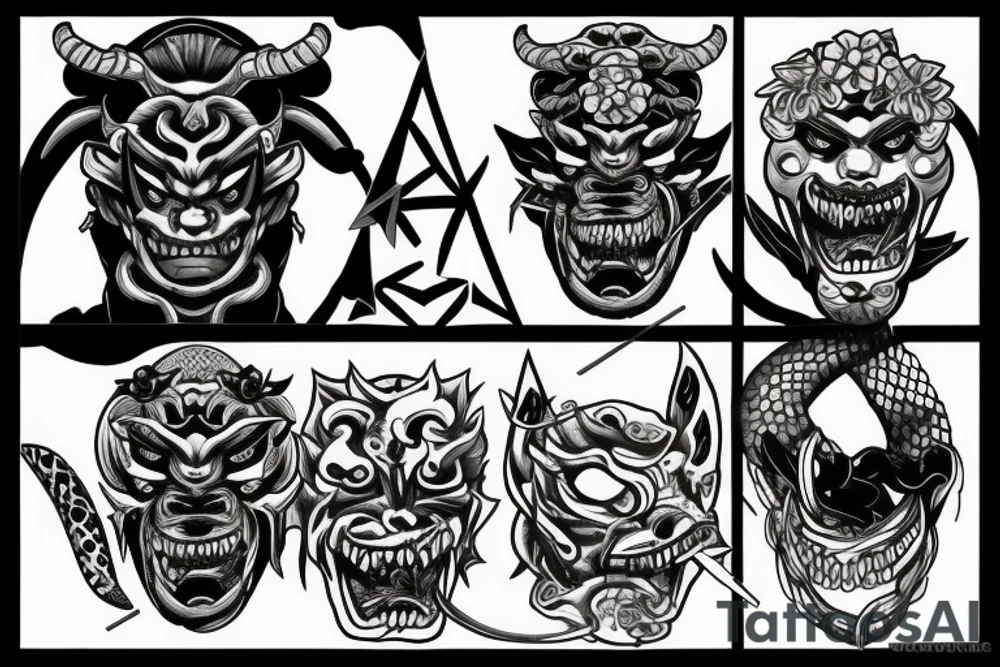 AN ONI MASK, pierced by a katana, SPLIT diagonally, where flowers and a snake emerge tattoo idea