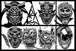 AN ONI MASK, pierced by a katana, SPLIT diagonally, where flowers and a snake emerge tattoo idea