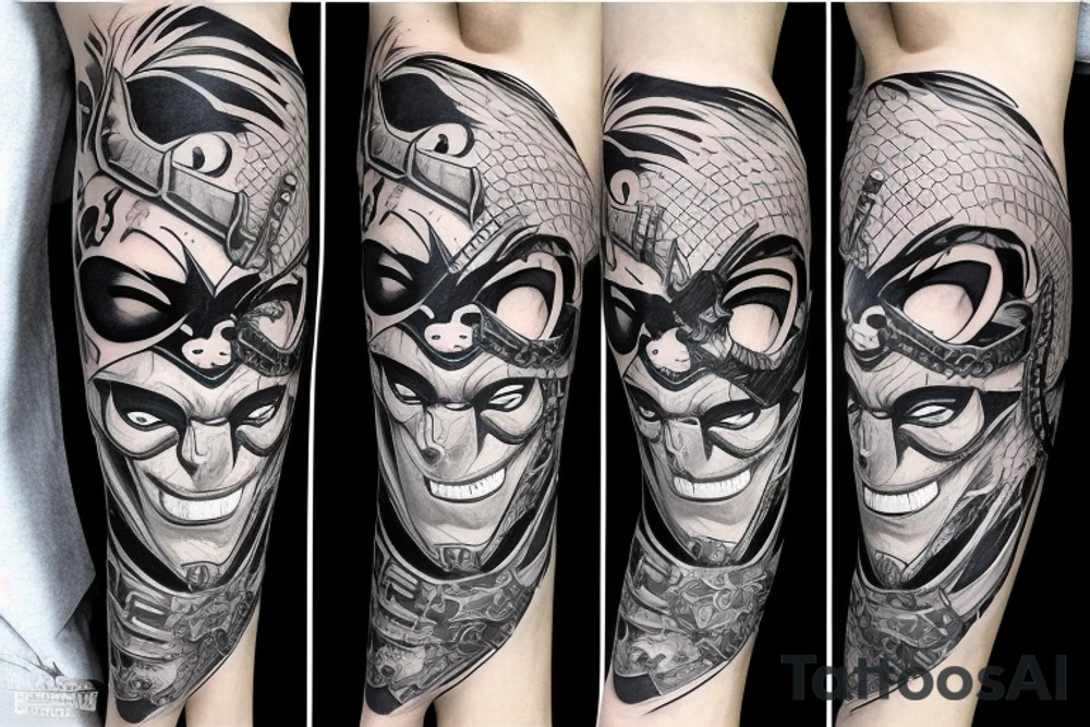 AN ONI MASK, pierced by a katana, SPLIT diagonally, where  a snake emerge tattoo idea