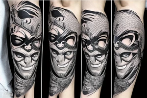 AN ONI MASK, pierced by a katana, SPLIT diagonally, where  a snake emerge tattoo idea