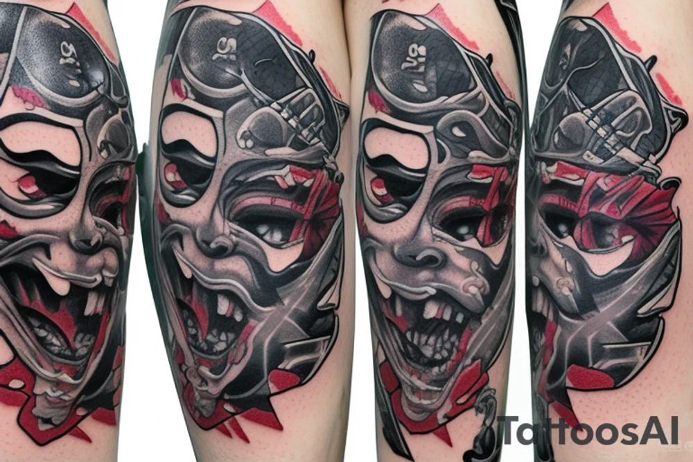 AN ONI MASK, pierced by a katana, SPLIT diagonally, where  a snake emerge tattoo idea
