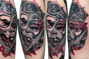 AN ONI MASK, pierced by a katana, SPLIT diagonally, where  a snake emerge tattoo idea