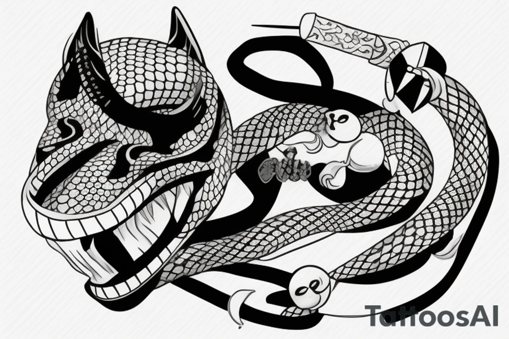 AN JAPANESE MASK, pierced by a katana, SPLIT diagonally, where  a snake emerge tattoo idea