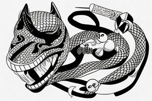 AN JAPANESE MASK, pierced by a katana, SPLIT diagonally, where  a snake emerge tattoo idea