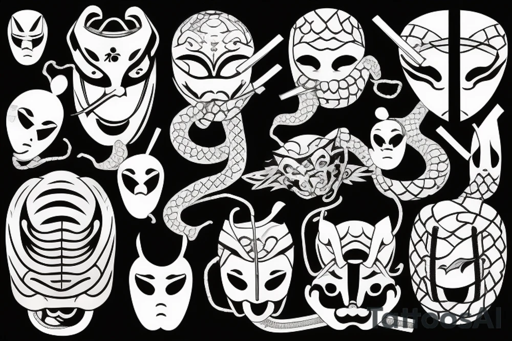 AN JAPANESE MASK, pierced by a katana, SPLIT diagonally, where  a snake emerge tattoo idea