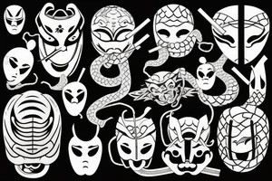 AN JAPANESE MASK, pierced by a katana, SPLIT diagonally, where  a snake emerge tattoo idea